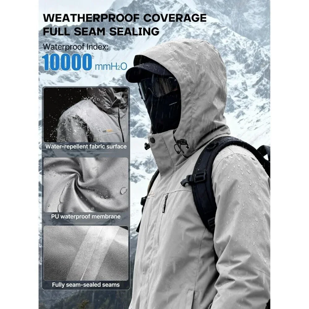 Men's Light Gray Waterproof Ski Snow Fleece Lined Warm Winter Rain Jacket